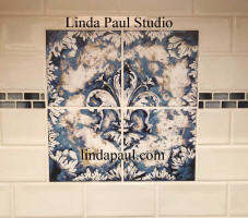 12 x 12 fleur de lis tile mural blue and white