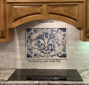 blue and white fleur de lis tile backsplash