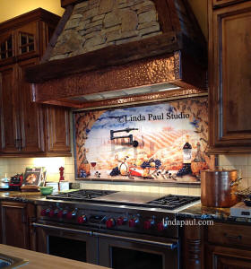 Italian tile tuscan backsplash mural by artist linda Paul 