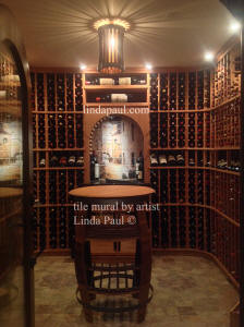 french birstro tile art in wine cellar