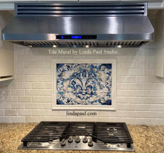 blue and white french country fleur de lis tile backsplah mural