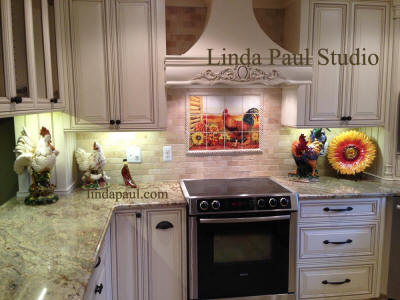 roosters and sunflowers in french country kitchen