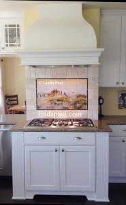 Tuscany in the Mist tile mural backsplsh with subway tile