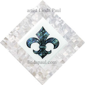 blue white fleur de lis mother of pearl backsplash accent