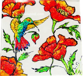 handmade tile red popy hummingbird