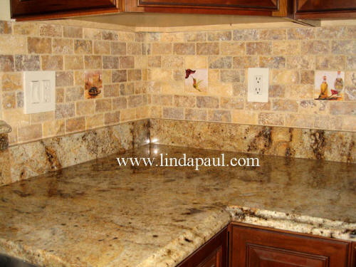 kitchen backsplash tile accents by Linda Paul in subway travetine tile 