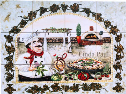 Italian chef tile mural pizza