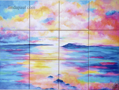 ocean beach sunset tile mural