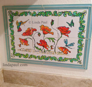 poppies and hummingbird ceramic tile mural